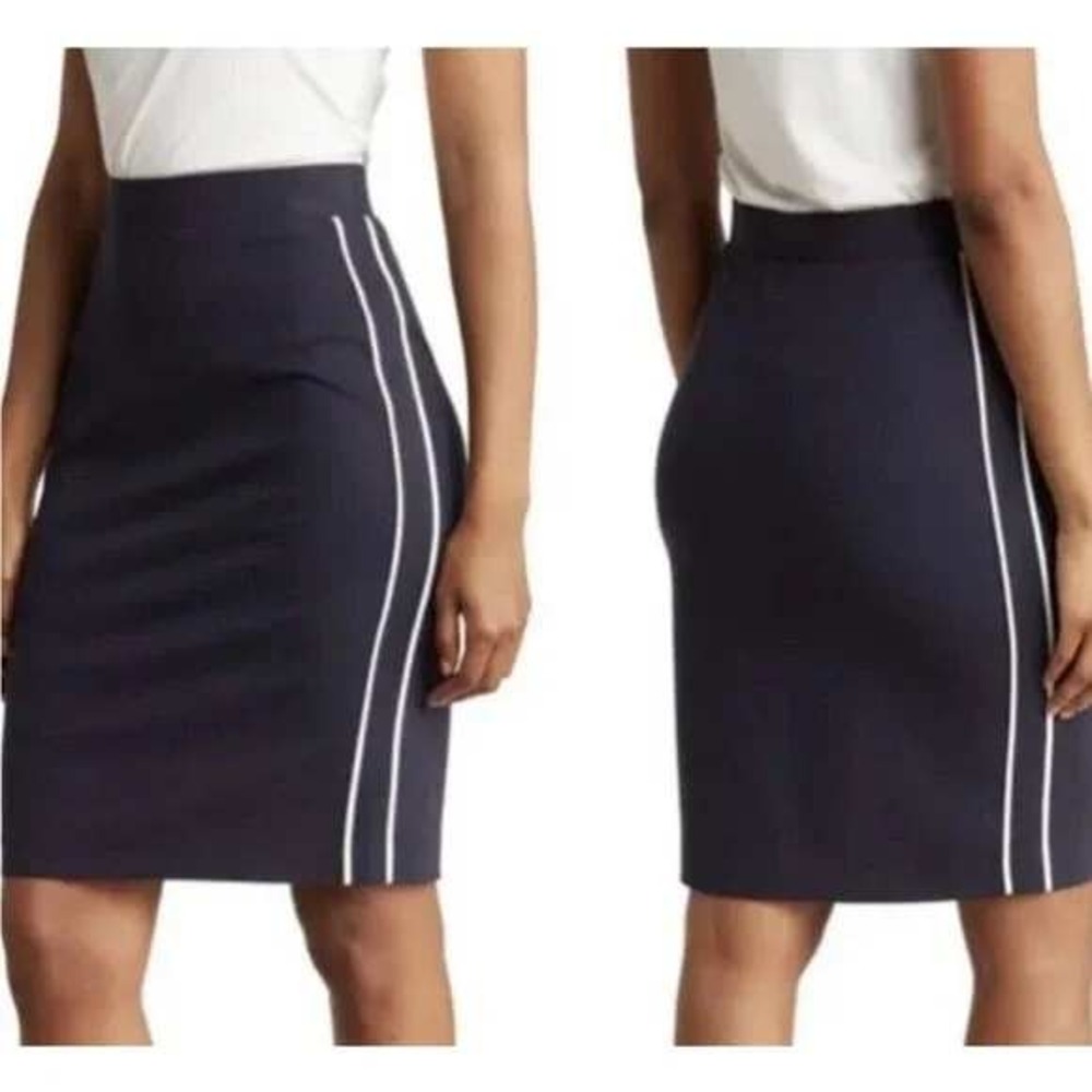 T-Tahari Black Skirt White Side Stripe Trim Stretch Size Large | Minimalist